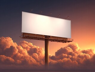 Empty White Billboard Against Vibrant Sunset Sky with Clouds and Space