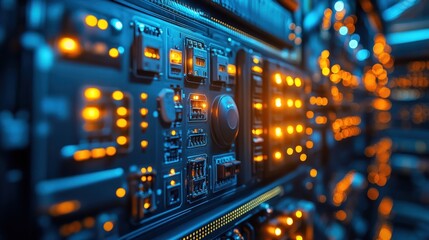 Close-up of a futuristic control panel with glowing orange and blue lights, intricate details and dark background