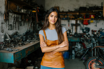 Fototapeta premium A woman stands in a garage with her arms crossed
