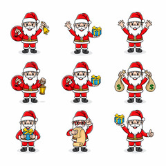 nine sets of colored santa claus cartoons, with various styles, cute, fun, and kawaii