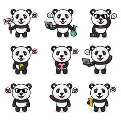 nine sets of colored cartoon pandas, with various styles, cute, fun, and kawaii
