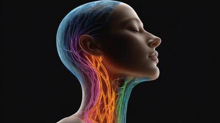 Vagus nerve glowing in neck of calm person with closed eyes showing nervous system and emotional regulation