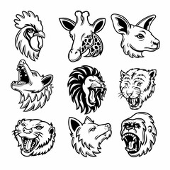 nine sets of cool animal heads including lion, wolf, gorilla, panther, kangaroo, giraffe, rooster, beaver, fox