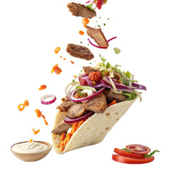 Doner kebab with floating ingredients isolated on transparent background  

