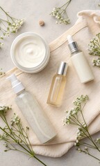 fresh herbs and olive oil, Top-down view of self-care products with minimal label-free packaging, soft tone