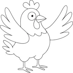 Happy Hen Waving Wings Line Art Illustration Cheerful Chicken on White