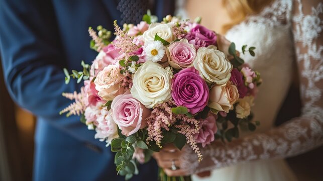 Close-up of a beautiful wedding bouquet held by a couple