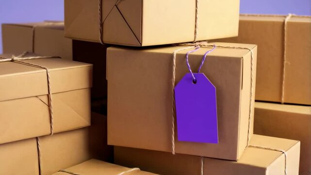 Stack of tied cardboard packages with tag on soft violet background ready for shipment