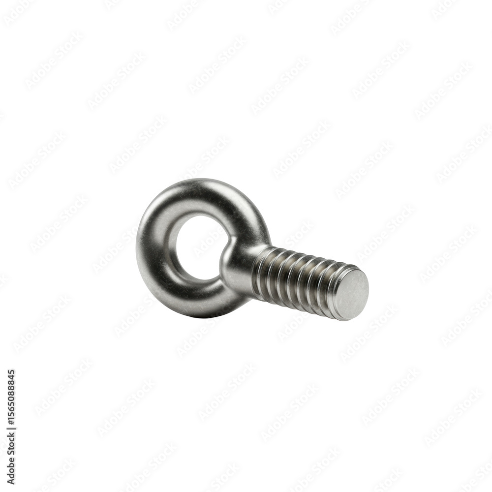 Fototapete A single, meticulously rendered eye screw of polished, reflective metal with a threaded shaft and circular loop, 3/4 view against a pure transparent plain with no shadows, emphasizing its form.