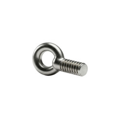A single, meticulously rendered eye screw of polished, reflective metal with a threaded shaft and circular loop, 3/4 view against a pure transparent plain with no shadows, emphasizing its form.