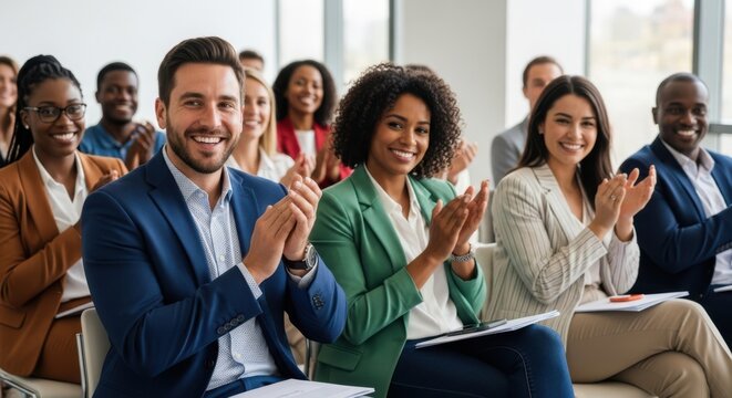 Diverse Group of Professionals Applauding Enthusiastically During a Meeting or Conference