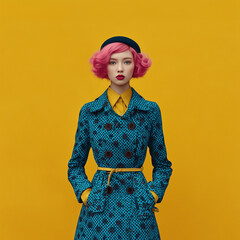 A young, beautiful woman with pink hair stands elegantly in an autumn coat, radiating grace as she welcomes the peaceful charm of rainy days.
