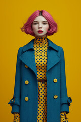 A young, beautiful woman with pink hair stands elegantly in an autumn coat, radiating grace as she welcomes the peaceful charm of rainy days.