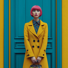A young, beautiful woman with pink hair stands elegantly in an autumn coat, radiating grace as she welcomes the peaceful charm of rainy days.