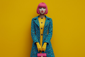 A young, beautiful woman with pink hair stands elegantly in an autumn coat, radiating grace as she welcomes the peaceful charm of rainy days.