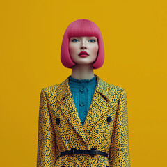 A young, beautiful woman with pink hair stands elegantly in an autumn coat, radiating grace as she welcomes the peaceful charm of rainy days.