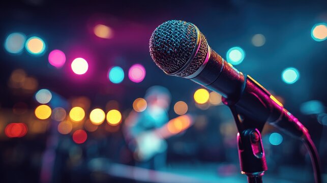 Close-up of a microphone on stage with colorful bokeh lights and a blurred guitarist in the background, evoking a live music performance atmosphere.