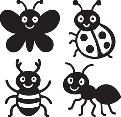 Funny Insects Set Silhouettes Cute Bug Illustrations on White