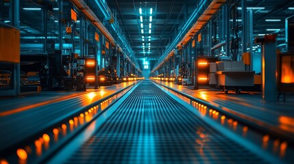 Obraz premium Modern automated manufacturing facility under dim lighting with glowing pathways and high-tech equipment in operation