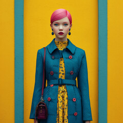 A young, beautiful woman with pink hair stands elegantly in an autumn coat, radiating grace as she welcomes the peaceful charm of rainy days.