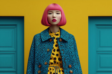 A young, beautiful woman with pink hair stands elegantly in an autumn coat, radiating grace as she welcomes the peaceful charm of rainy days.