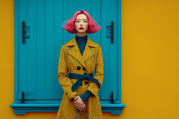 A young, beautiful woman with pink hair stands elegantly in an autumn coat, radiating grace as she welcomes the peaceful charm of rainy days.