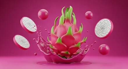 Vibrant Dragon Fruit Splash 3D Render of Exotic Tropical Fruit