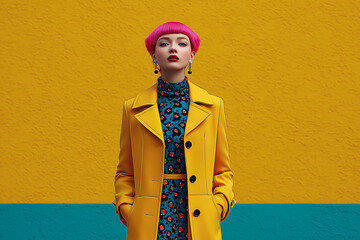 A young, beautiful woman with pink hair stands elegantly in an autumn coat, radiating grace as she welcomes the peaceful charm of rainy days.
