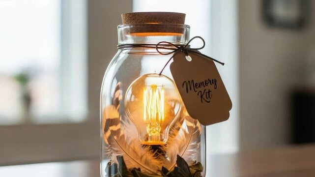 Memory Kit in Jar &mdash; Lightbulb, Feather, Leaves as Poetic Keepsakes