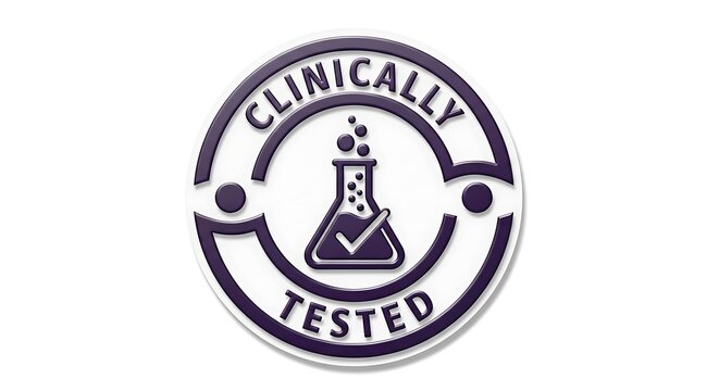 Clinically tested purple badge with beaker and checkmark image