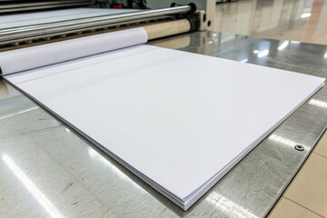 Stack of white paper sheets on a printing machine ready for use isolated