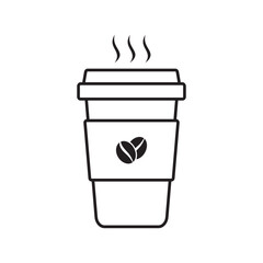 Minimal black line icon of a takeaway hot coffee cup with steam and coffee bean symbol. Ideal for café branding, beverage illustrations, coffee apps, menus, packaging, and food industry graphics.