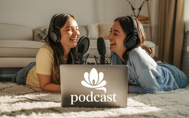 Two young women recording a podcast