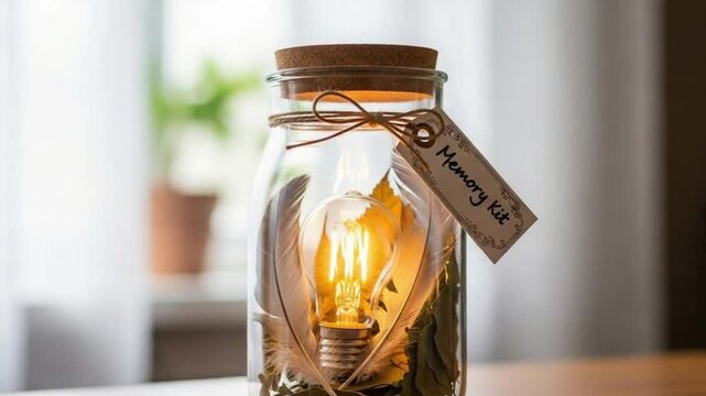 Memory Kit in Jar &mdash; Lightbulb, Feather, Leaves as Poetic Keepsakes