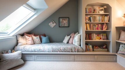 Cozy kid bedroom with a charming reading nook, soft cushions, built-in bookshelves, and a comfortable bed for a relaxing space