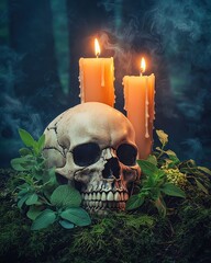 skull candle altar art moonlit forest altar with skull candles herbs and bones soft mist rolling through backlight from moon and rim candlelight