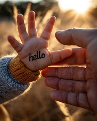 Obraz premium Child's hand with hello written on palm reaching towards an adult hand backlit golden field