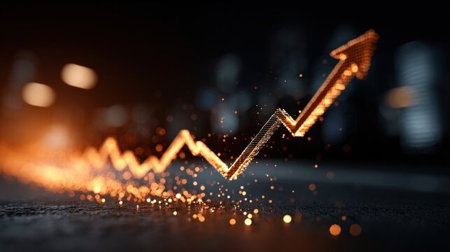 Glowing upward arrow graph made of digital particles, symbolizing growth and success on a dark background with bokeh lights.