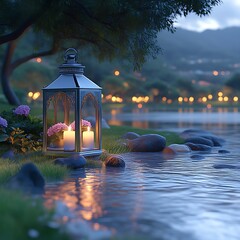 Tranquil evening by the lake.  A lantern with candles sits peacefully by the water's edge, bathed in soft light. Lush greenery and gentle reflections create a serene scene