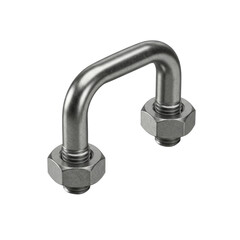 A polished metal u-bolt, precise industrial design with defined threads and attached nuts, isolated on a transparent seamless background with even lighting, ultra-realistic product photography concept