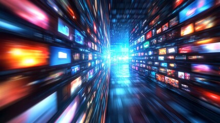 Visual representation of digital content streaming through a futuristic corridor filled with screens
