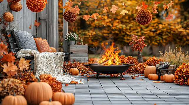 Cozy autumn patio with fire pit.  Fall decorations, pumpkins, blankets, and a warm fire create a welcoming atmosphere
