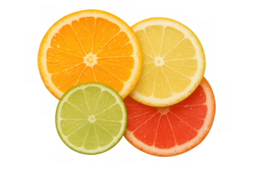 Four slices of citrus fruits, including orange, lemon, lime, and grapefruit, arranged overlapping on a transparent background