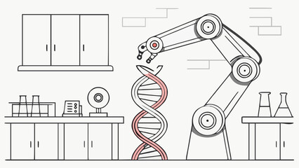 Robotic arm manipulating a dna strand in a laboratory setting with equipment and furniture shown