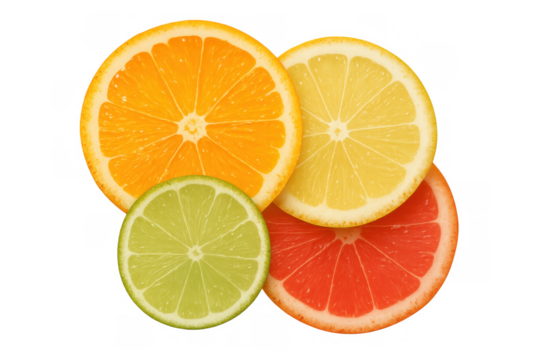 Four slices of citrus fruits, including orange, lemon, lime, and grapefruit, arranged overlapping on a transparent background