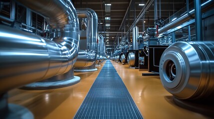 Obraz premium Modern industrial facility with metal pipelines and machinery in a spacious production area