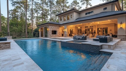 Obraz premium Luxury backyard oasis with pool and modern architecture at twilight in a serene wooded area