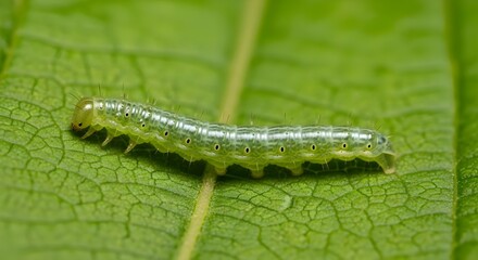 Obraz premium Close-Up of a Translucent Caterpillar Crawling on a green Leaf with Vibrant Colors in Nature