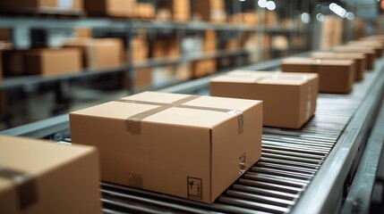 Conveyor belt transporting packages in a busy distribution center during the day