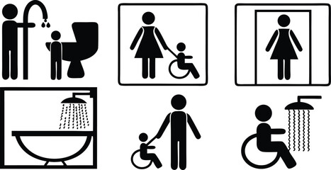 Accessibility Icons Set,Wheelchair, Restroom, and Family Friendly Symbols,medical assistance symbols,restroom and accessibility icon set,seating options,Eight minimalist restroom accessibility signs,